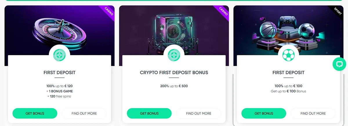 Casino bonus cards showing first deposit, crypto first deposit, and sports first deposit offers with green “Get Bonus” buttons on a light interface.