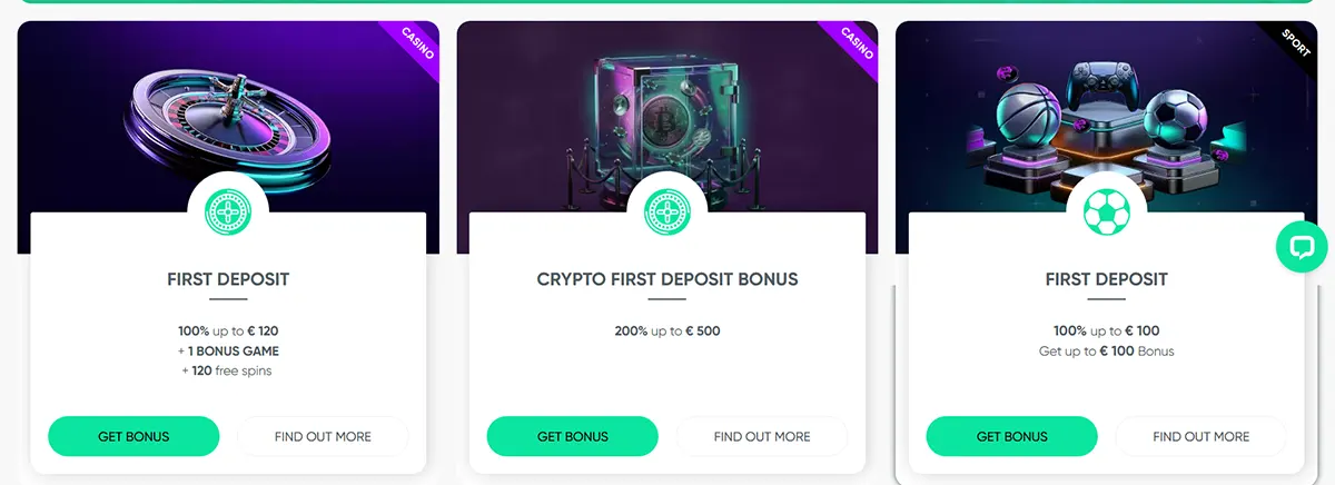 Casino bonus cards showing first deposit, crypto first deposit, and sports first deposit offers with green “Get Bonus” buttons on a light interface.