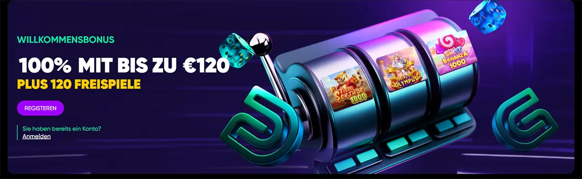German casino welcome banner featuring a slot machine graphic and a welcome bonus of 100% up to €120 plus 120 free spins, with a registration button on a dark purple background.