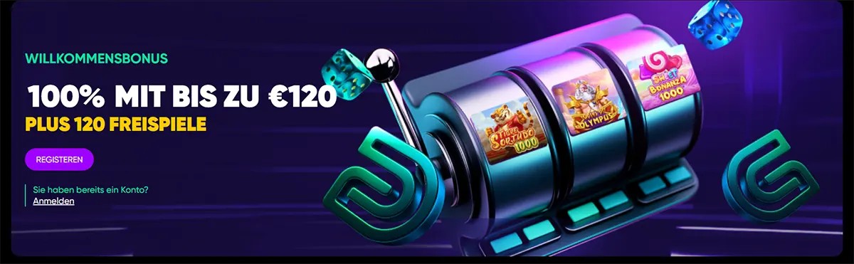 German casino welcome banner featuring a slot machine graphic and a welcome bonus of 100% up to €120 plus 120 free spins, with a registration button on a dark purple background.