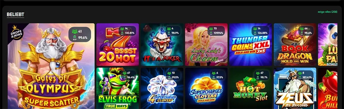 German casino popular games grid featuring Gates of Olympus Super Scatter and other colorful slot titles on a dark interface, with RTP and player count badges displayed on each game card.