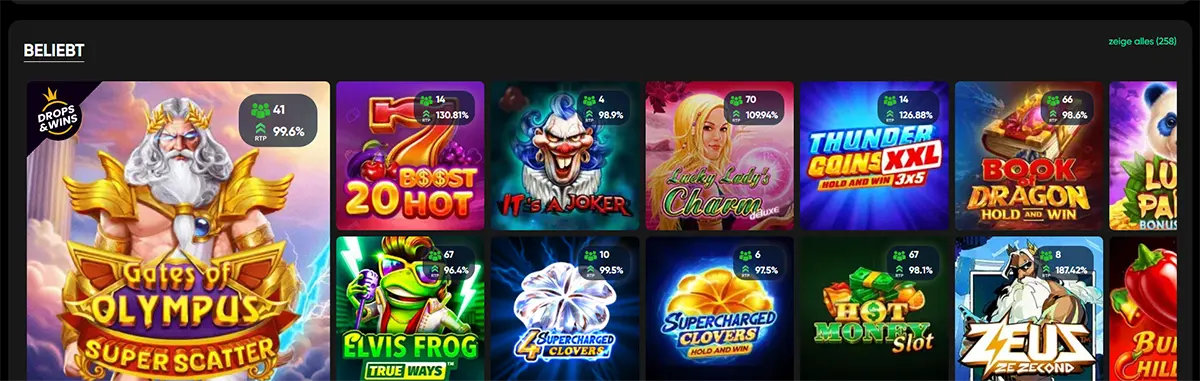 German casino popular games grid featuring Gates of Olympus Super Scatter and other colorful slot titles on a dark interface, with RTP and player count badges displayed on each game card.