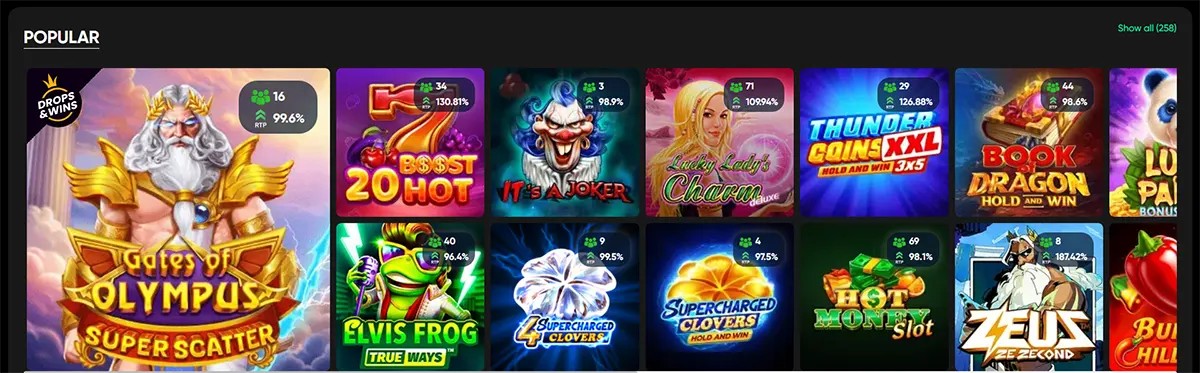 Popular casino games grid featuring Gates of Olympus Super Scatter and other colorful slot titles on a dark interface, with RTP and player count badges shown on each game card.