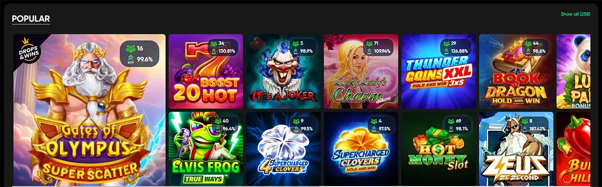 Popular casino games grid featuring Gates of Olympus Super Scatter and other colorful slot titles on a dark interface, with RTP and player count badges shown on each game card.