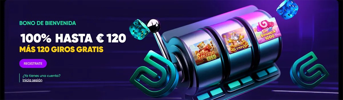 Spanish casino welcome banner featuring a slot machine graphic and a welcome bonus of 100% up to €120 plus 120 free spins, with a registration button on a dark purple background.