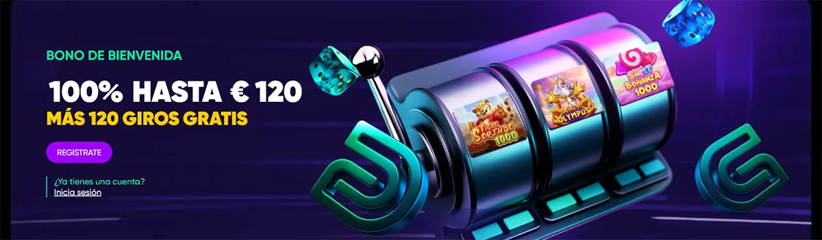 Spanish casino welcome banner featuring a slot machine graphic and a welcome bonus of 100% up to €120 plus 120 free spins, with a registration button on a dark purple background.