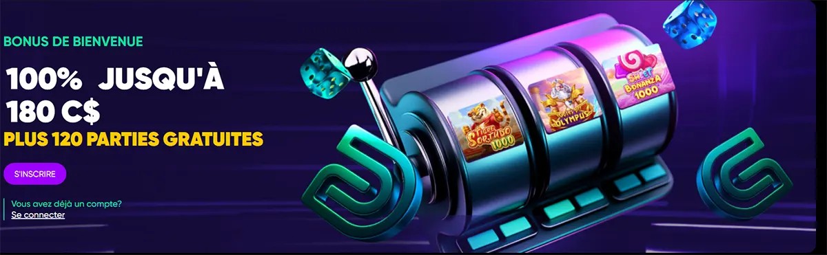 French casino welcome banner featuring a slot machine graphic and a welcome bonus of 100% up to C$180 plus 120 free spins, with a sign-up button on a dark purple background.
