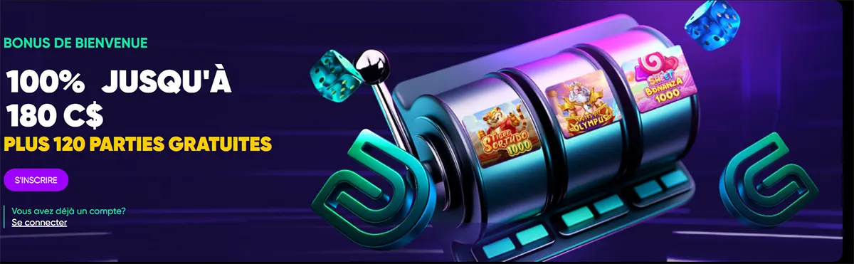 French casino welcome banner featuring a slot machine graphic and a welcome bonus of 100% up to C$180 plus 120 free spins, with a sign-up button on a dark purple background.