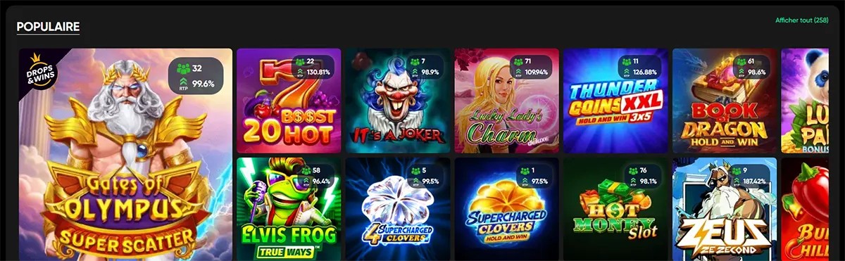 French casino popular games grid featuring Gates of Olympus Super Scatter and other colorful slot titles on a dark interface, with RTP and player count badges displayed on each game card.