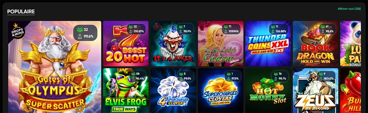 French casino popular games grid featuring Gates of Olympus Super Scatter and other colorful slot titles on a dark interface, with RTP and player count badges displayed on each game card.