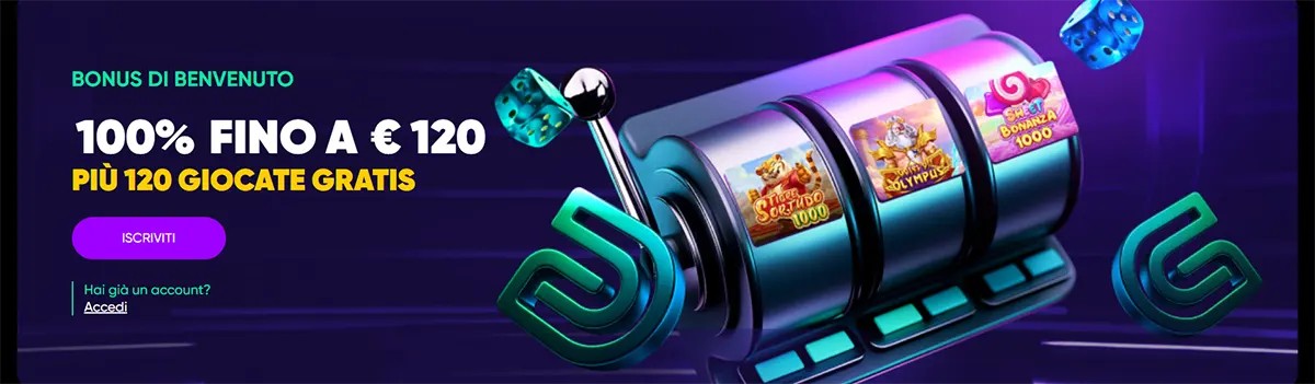Italian casino welcome banner featuring a slot machine graphic and a welcome bonus of 100% up to €120 plus 120 free spins, with a sign-up button on a dark purple background.