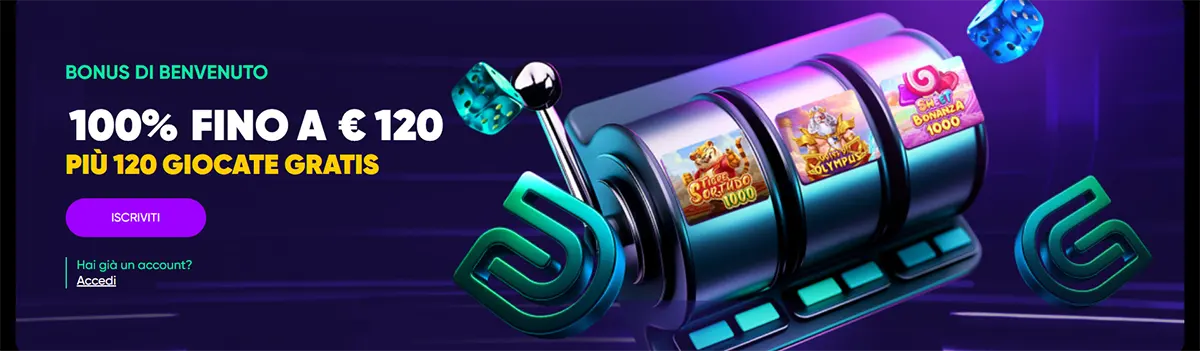Italian casino welcome banner featuring a slot machine graphic and a welcome bonus of 100% up to €120 plus 120 free spins, with a sign-up button on a dark purple background.