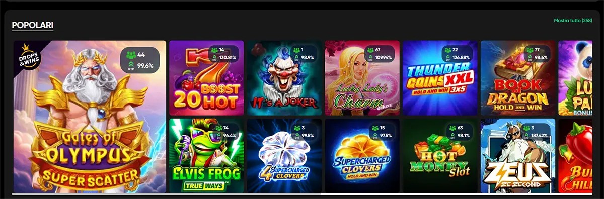Italian casino popular games grid featuring Gates of Olympus Super Scatter and other colorful slot titles on a dark interface, with RTP and player count badges displayed on each game card.