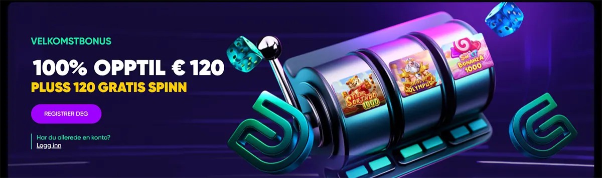 Norwegian casino welcome banner featuring a slot machine graphic and a welcome bonus of 100% up to €120 plus 120 free spins, with a registration button on a dark purple background.
