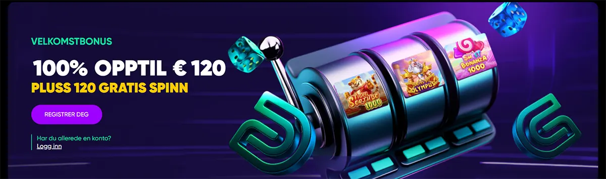 Norwegian casino welcome banner featuring a slot machine graphic and a welcome bonus of 100% up to €120 plus 120 free spins, with a registration button on a dark purple background.