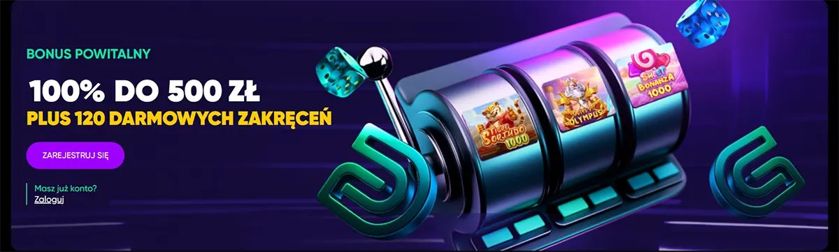 Polish casino welcome banner featuring a slot machine graphic and a welcome bonus of 100% up to 500 zł plus 120 free spins, with a registration button on a dark purple background.
