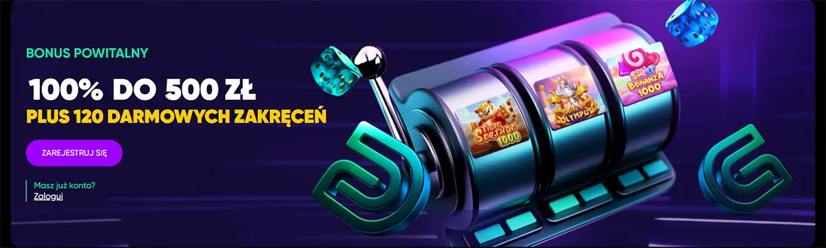 Polish casino welcome banner featuring a slot machine graphic and a welcome bonus of 100% up to 500 zł plus 120 free spins, with a registration button on a dark purple background.