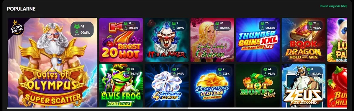 Polish casino popular games grid featuring Gates of Olympus Super Scatter and other colorful slot titles on a dark interface, with RTP and player count badges displayed on each game card.