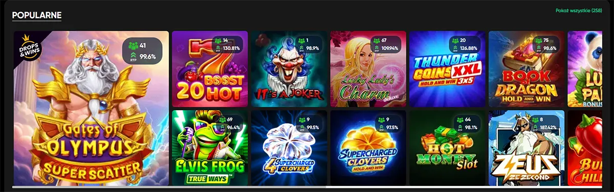 Polish casino popular games grid featuring Gates of Olympus Super Scatter and other colorful slot titles on a dark interface, with RTP and player count badges displayed on each game card.
