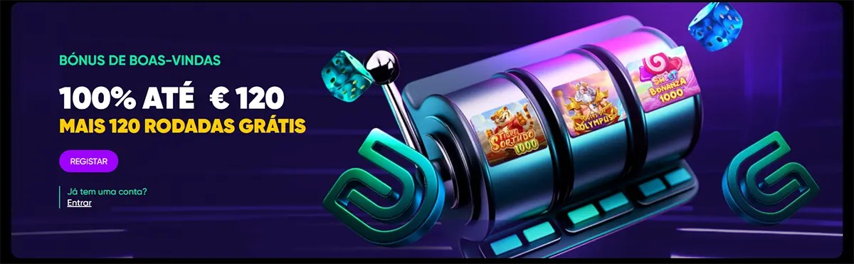 Portuguese casino welcome banner featuring a slot machine graphic and a welcome bonus of 100% up to €120 plus 120 free spins, with a registration button on a dark purple background.