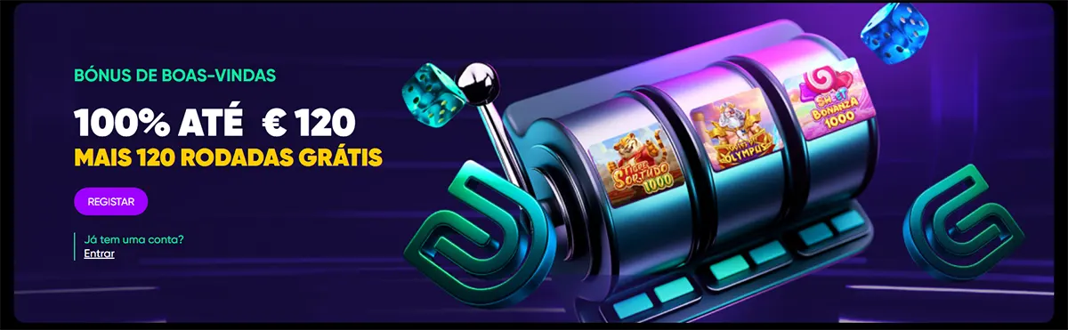 Portuguese casino welcome banner featuring a slot machine graphic and a welcome bonus of 100% up to €120 plus 120 free spins, with a registration button on a dark purple background.