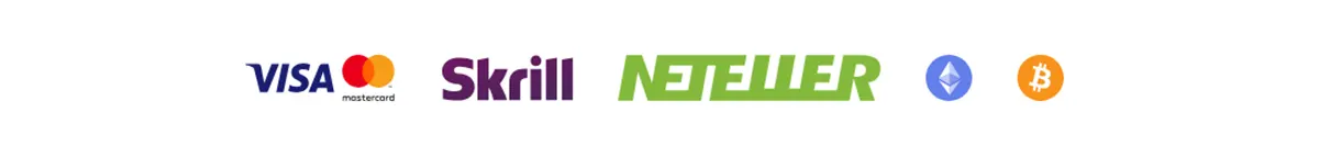 Payment methods banner displaying Visa, Mastercard, Skrill, Neteller, Ethereum, and Bitcoin logos on a light background.
