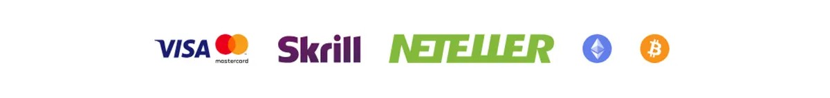 Payment methods banner displaying Visa, Mastercard, Skrill, Neteller, Ethereum, and Bitcoin logos on a light background.