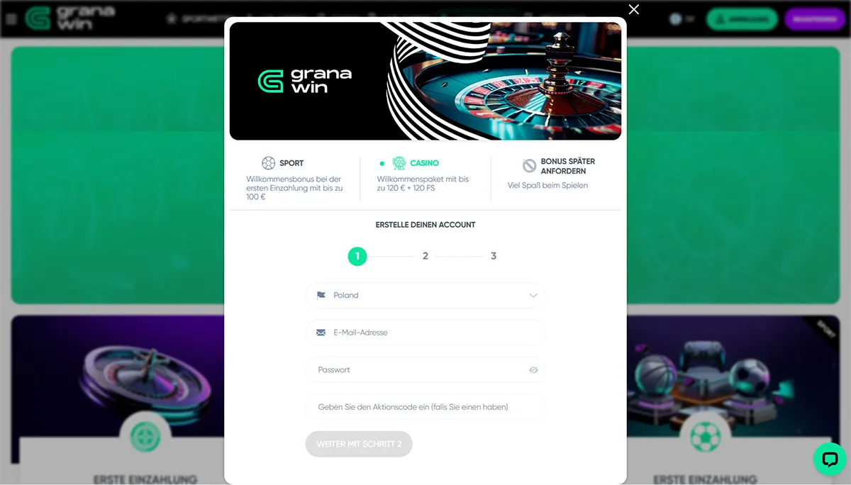 German Grana Win registration popup with sport and casino welcome bonus options, a three-step account creation form, and fields for country, email address, password, and promo code.