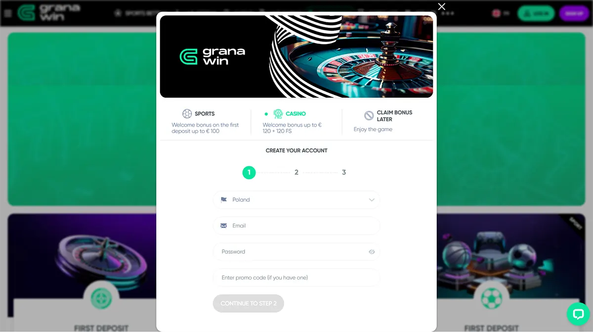 Casino registration popup for Grana Win with sports and casino welcome bonus options, a three-step account creation form, and fields for country, email, password, and promo code.