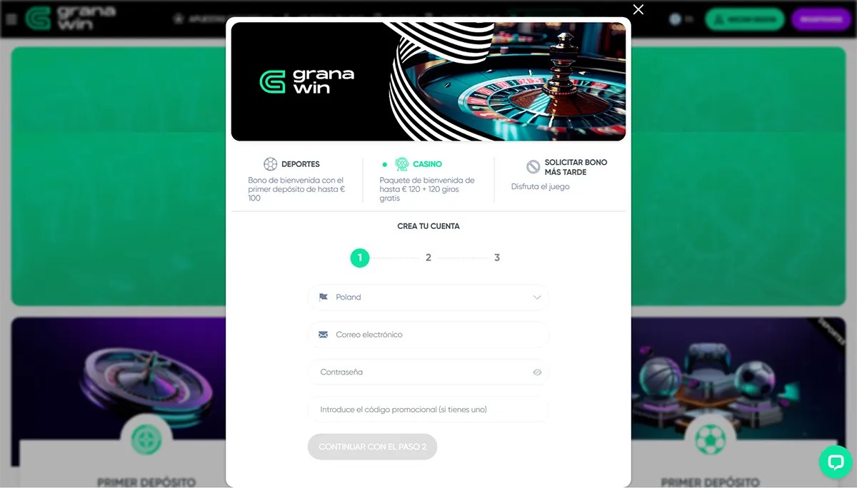 Spanish Grana Win registration popup with sports and casino welcome bonus options, a three-step account creation form, and fields for country, email, password, and promo code.