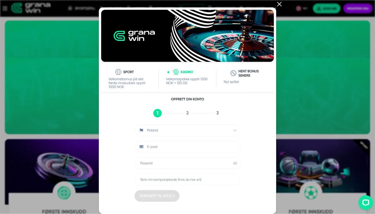 Norwegian Grana Win registration popup with sport and casino welcome bonus options, a three-step account creation form, and fields for country, email, password, and promo code.